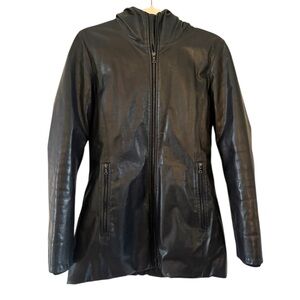 M0851 | women’s black genuine leather hooded jacket warm winter coat zip up sz 4